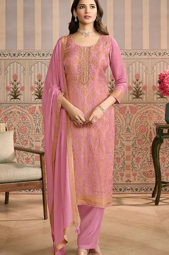 Onion pink embroidred shimmer jacquard readymade salwar suit