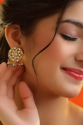 White stone green beaded kundan stud earrings