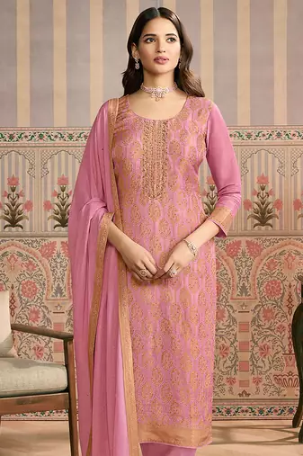 Onion pink embroidred shimmer jacquard readymade salwar suit
