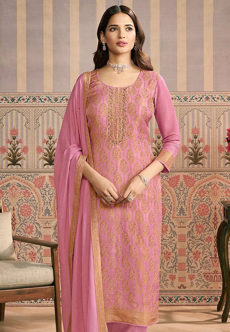 Onion pink embroidred shimmer jacquard readymade salwar suit