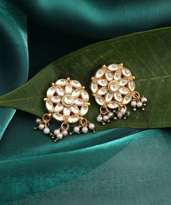 White stone green beaded kundan stud earrings 2