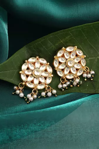 White stone green beaded kundan stud earrings