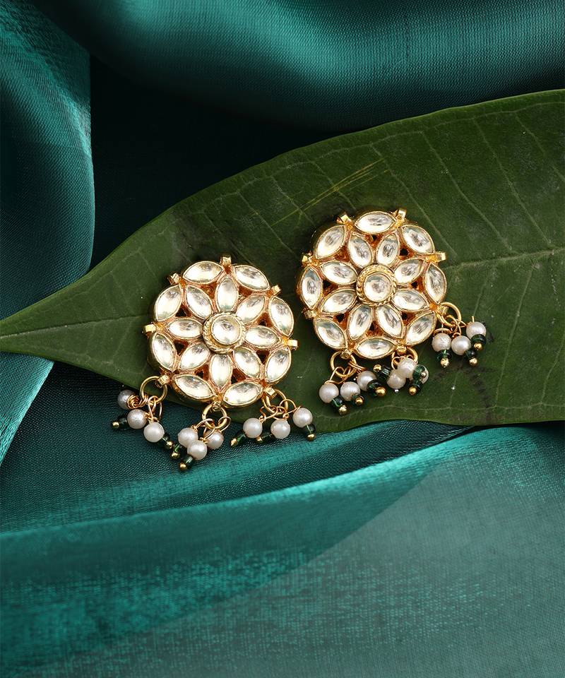 White stone green beaded kundan stud earrings