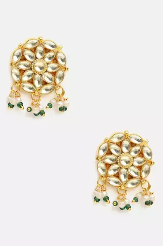 White stone green beaded kundan stud earrings