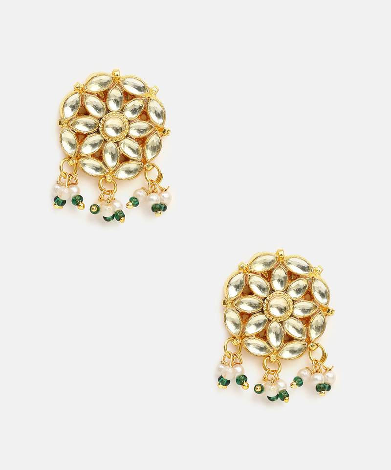White stone green beaded kundan stud earrings
