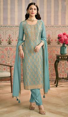 Aqua blue embroidred shimmer jacquard readymade salwar suit 1