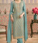 Aqua blue embroidred shimmer jacquard readymade salwar suit