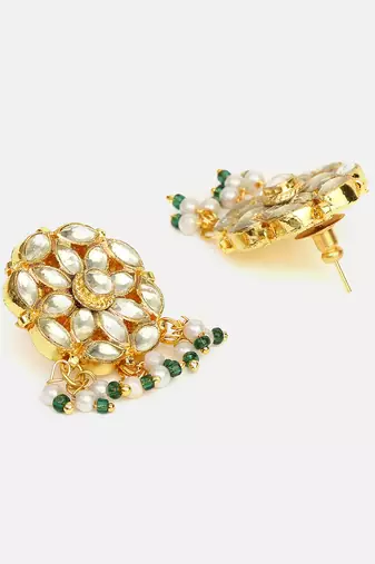 White stone green beaded kundan stud earrings