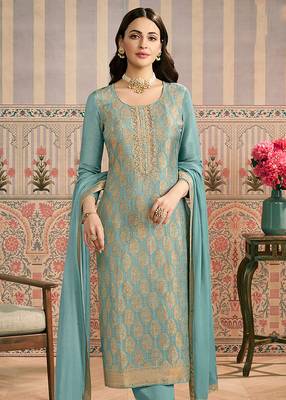 Aqua blue embroidred shimmer jacquard readymade salwar suit 2