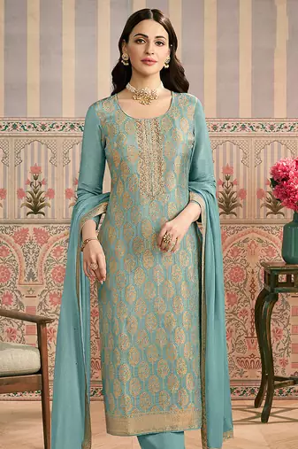 Aqua blue embroidred shimmer jacquard readymade salwar suit