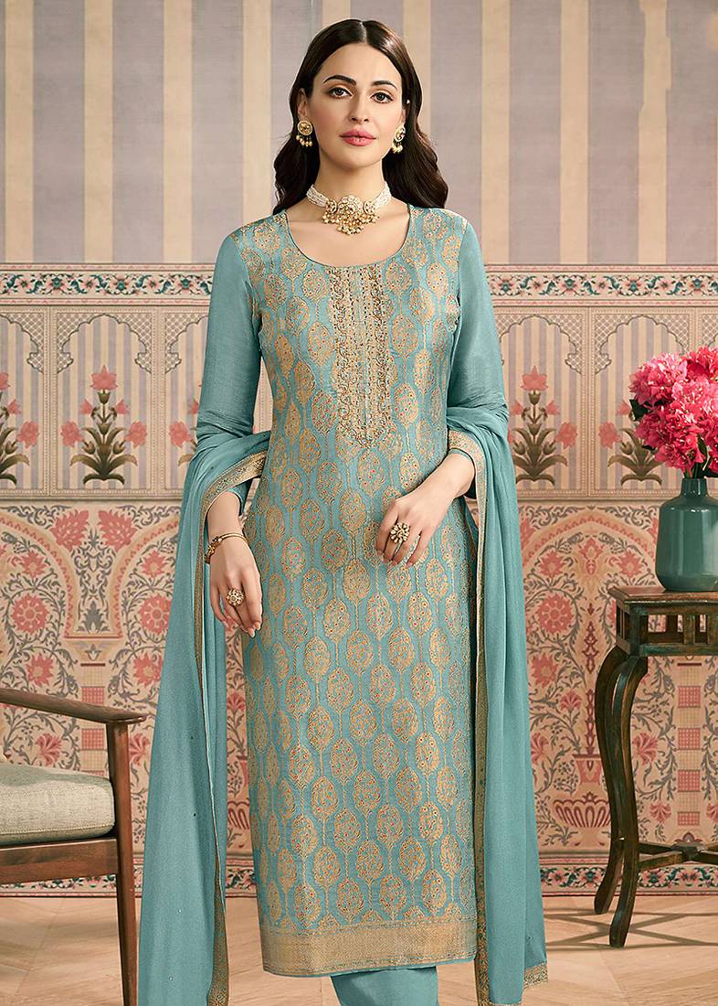 Aqua blue embroidred shimmer jacquard readymade salwar suit