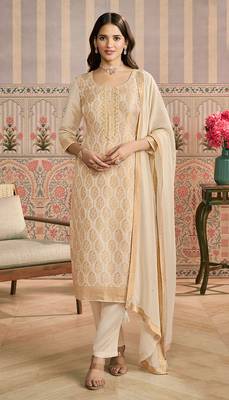 Cream embroidred shimmer jacquard readymade salwar suit 1