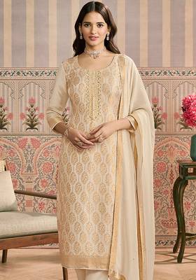Cream embroidred shimmer jacquard readymade salwar suit 2
