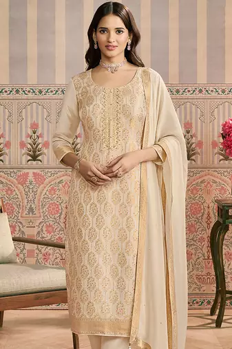 Cream embroidred shimmer jacquard readymade salwar suit
