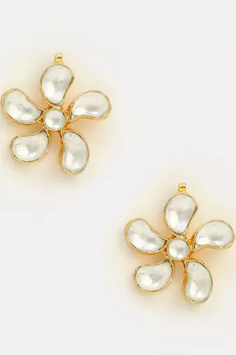 White stones pearl drop floral stud earrings