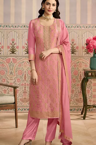 Pink embroidred shimmer jacquard readymade salwar suit