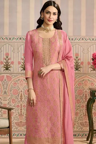 Pink embroidred shimmer jacquard readymade salwar suit