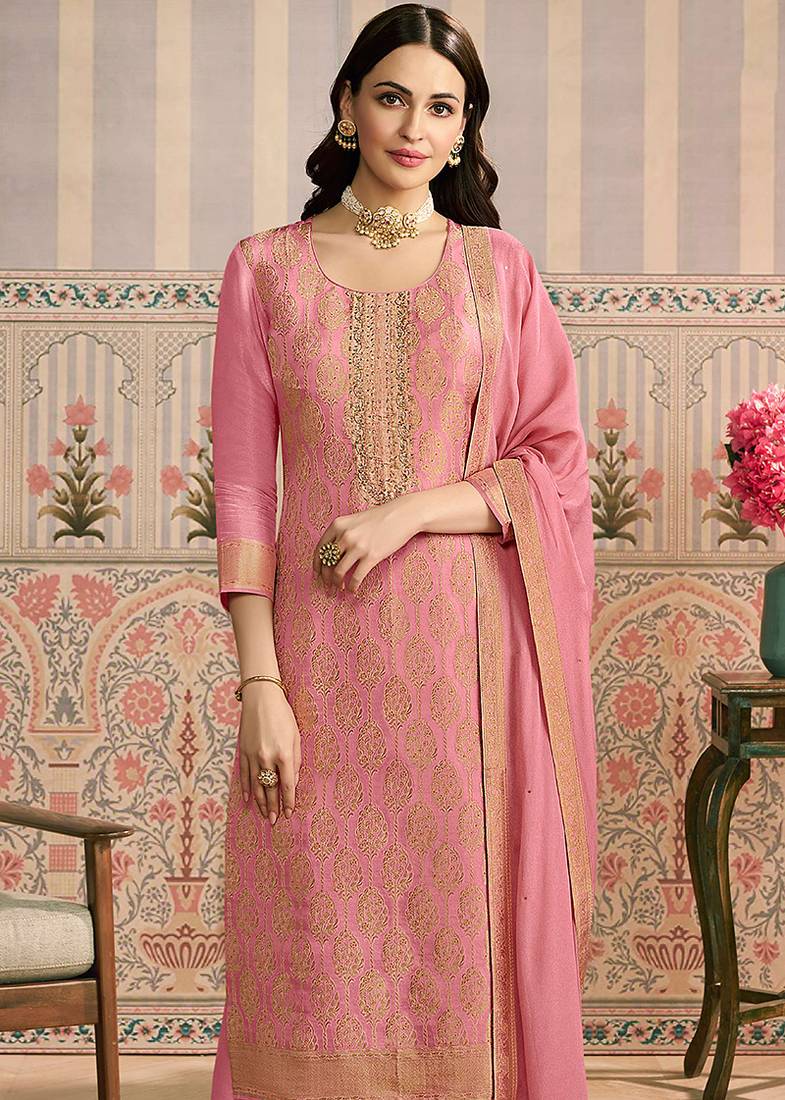 Pink embroidred shimmer jacquard readymade salwar suit
