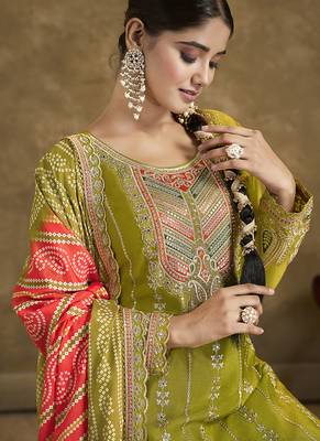 Olive green faux chinon embroidered readymade salwar kameez 2