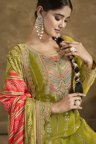 Olive green faux chinon embroidered readymade salwar kameez
