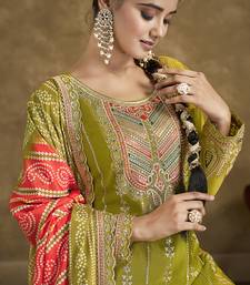 Olive green faux chinon embroidered readymade salwar kameez