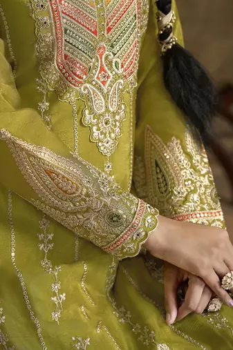 Olive green faux chinon embroidered readymade salwar kameez