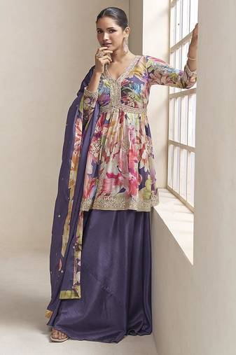 Purple faux chinon embroidered digital print readymade palazzo suit