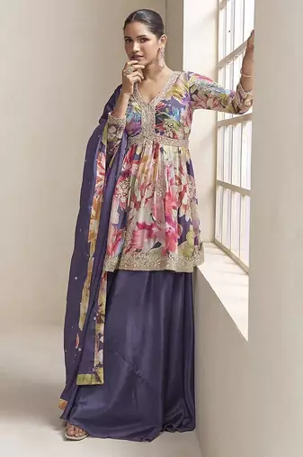 Purple faux chinon embroidered digital print readymade palazzo suit