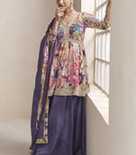 Purple faux chinon embroidered digital print readymade palazzo suit
