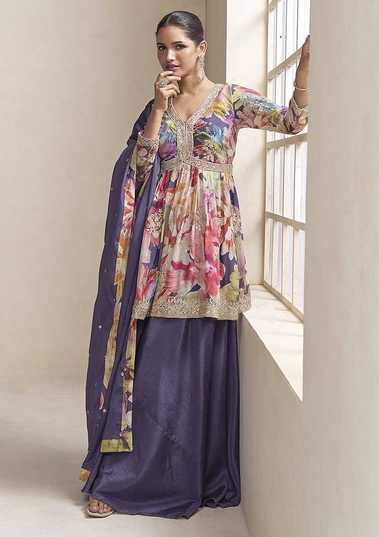 Purple faux chinon embroidered digital print readymade palazzo suit