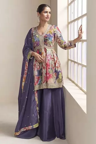 Purple faux chinon embroidered digital print readymade palazzo suit