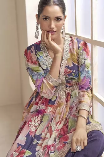 Purple faux chinon embroidered digital print readymade palazzo suit