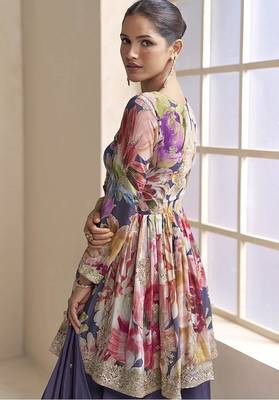 Purple faux chinon embroidered digital print readymade palazzo suit 4