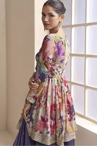 Purple faux chinon embroidered digital print readymade palazzo suit