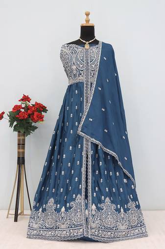 Teal blue faux chinon embroidered readymade anarkali suit