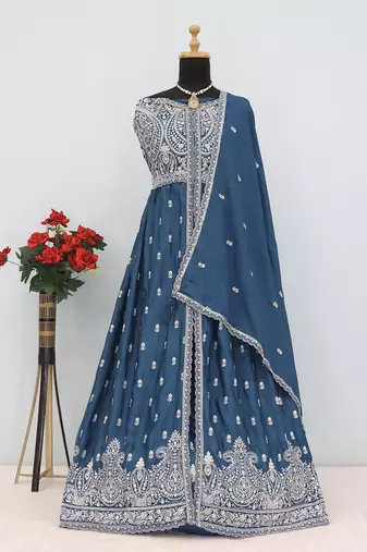 Teal blue faux chinon embroidered readymade anarkali suit