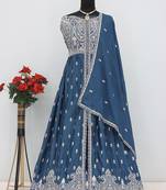 Teal blue faux chinon embroidered readymade anarkali suit