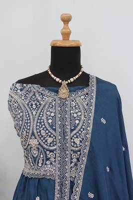 Teal blue faux chinon embroidered readymade anarkali suit 2