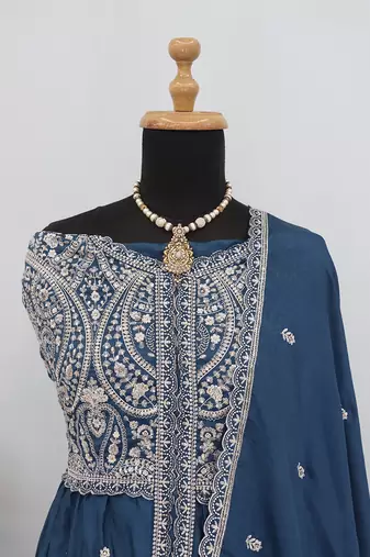 Teal blue faux chinon embroidered readymade anarkali suit