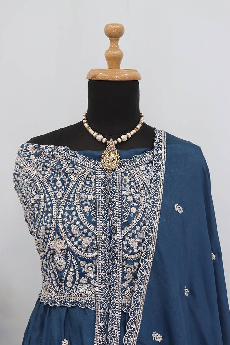 Teal blue faux chinon embroidered readymade anarkali suit