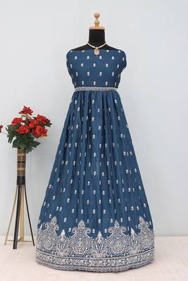 Teal blue faux chinon embroidered readymade anarkali suit 3