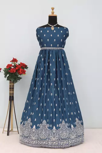 Teal blue faux chinon embroidered readymade anarkali suit