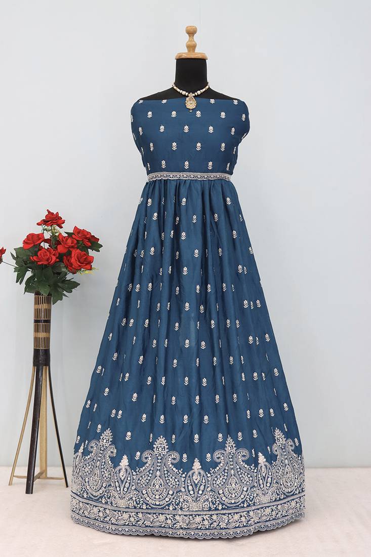 Teal blue faux chinon embroidered readymade anarkali suit
