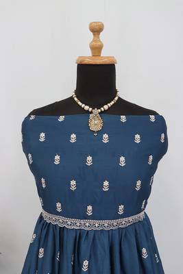 Teal blue faux chinon embroidered readymade anarkali suit 4
