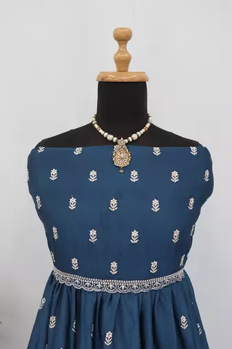 Teal blue faux chinon embroidered readymade anarkali suit