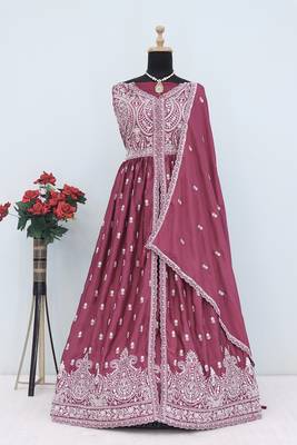Mauve faux chinon embroidered readymade anarkali suit 1