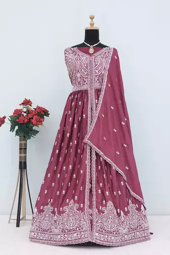 Mauve faux chinon embroidered readymade anarkali suit