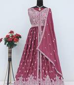 Mauve faux chinon embroidered readymade anarkali suit
