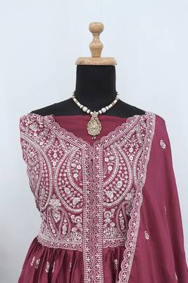 Mauve faux chinon embroidered readymade anarkali suit 2