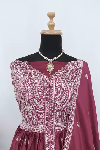 Mauve faux chinon embroidered readymade anarkali suit